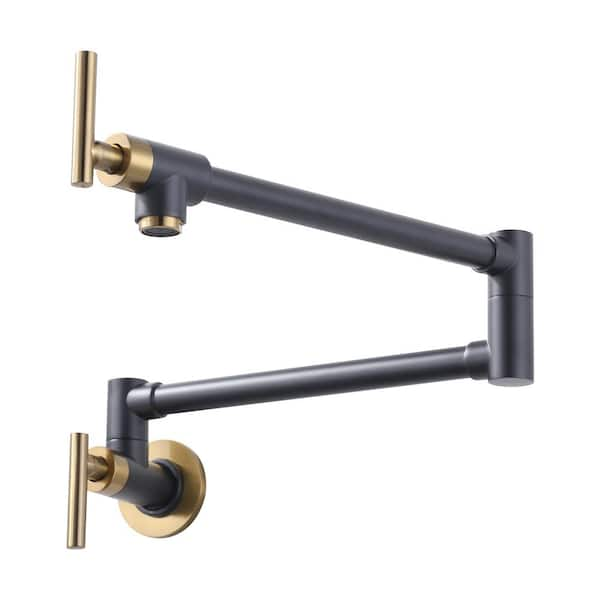 Modern Wall Mount Pot Filler Kitchen Faucet with Double Joint Swing Arm 360° Rotation in Black and Gold