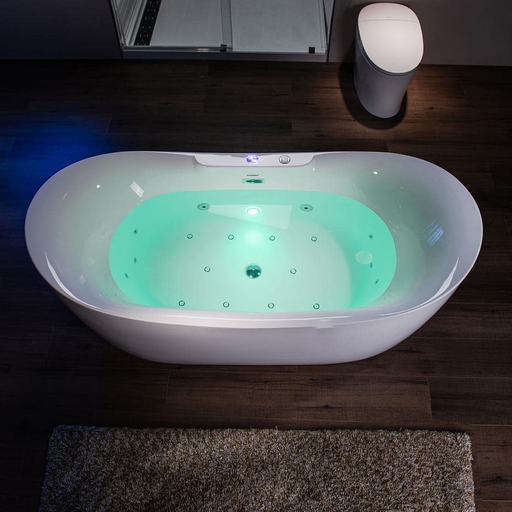 72" White Acrylic Freestanding Heated Soaking Bathtub