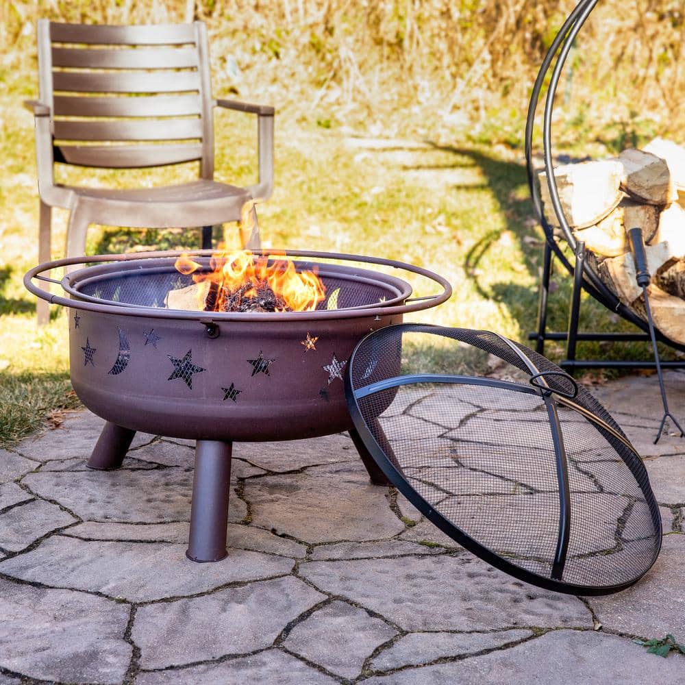 Bronze 30" Round Wood-Burning Steel Fire Pit with Cooking Grate
