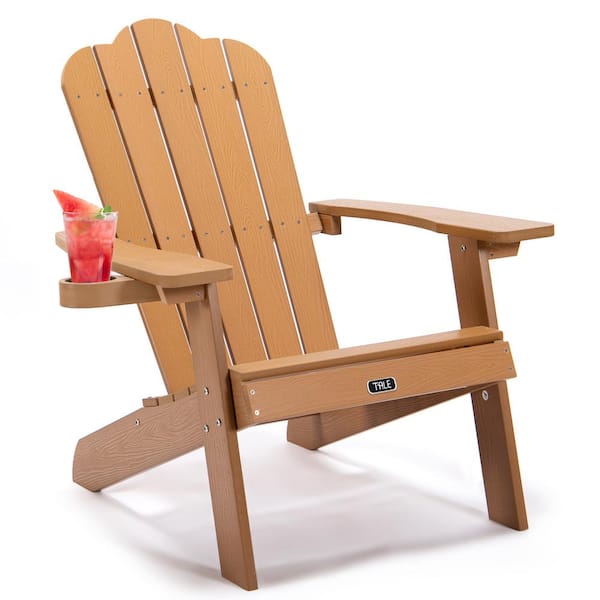 AUTMOON Classic Brown Reclining Plastic Wood Adirondack Chair Slat Backrest Patio Chair Outdoor Lawn Chair with Cup Holder