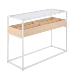 Display 16 in. Natural Wood and White Steel Rectangular Glass Console Table with 4-Storage Compartments