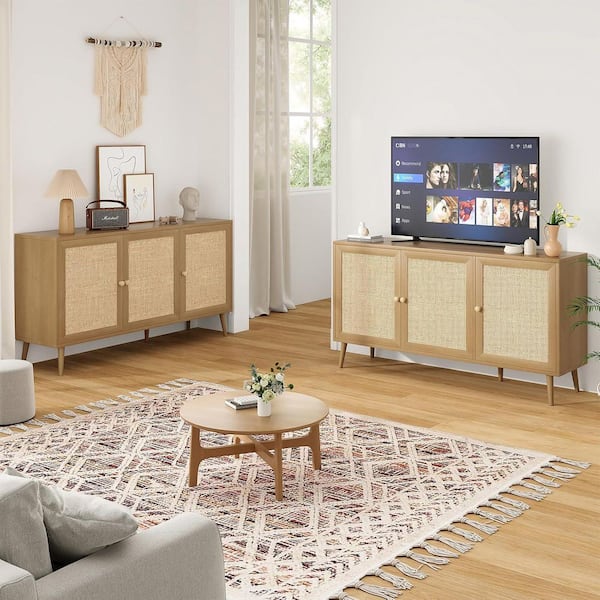 Lirago Light Brown 59 in. Display Cabinet with 3-Rattan Doors, Kitchen Storage Cabinet