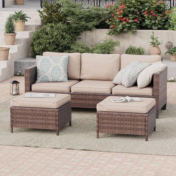 3-Piece Brown Rattan Patio Sofa Set Outdoor Furniture Set 3-Seat Sofa Ottomans With Cushions, Sand