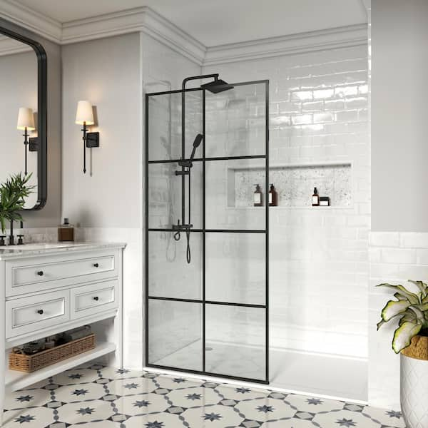 30 in. W x 76 in. Fixed Single Panel Frameless Shower Door Shower Screen in Matte Black Grid with Easy-Clean 10mm Glass