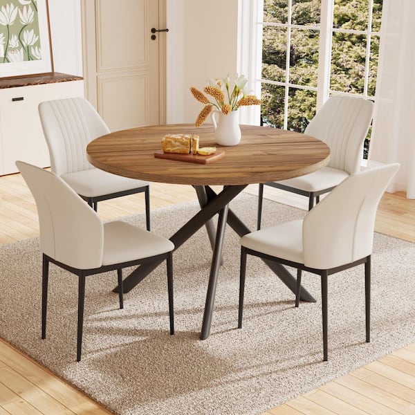 5-Piece White Chairs and Light Walnut Round Dining Table, Dining Table Set with 4 Dining Chairs