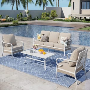 White 4-Piece Metal Outdoor Patio Conversation Seating Set with Marbling Coffee Table and Beige Cushions
