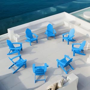 Recycled Blue HDPS Folding Plastic Adirondack Chair Weather Resistant Patio Plastic Fire Pit Chairs(Set of 8)