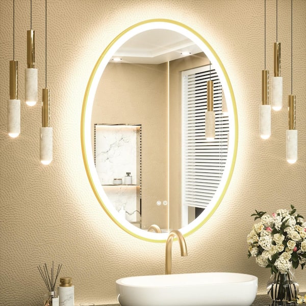 24 in. W x 32 in. H Oval Framed Bathroom Mirrors Wall Mount LED Bathroom Vanity Mirror in Gold