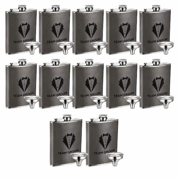 12-Piece 8 oz. Gray Faux Leather Tuxedo-Design Stainless Steel Hip Flask Set Groomsmen Wedding Gift