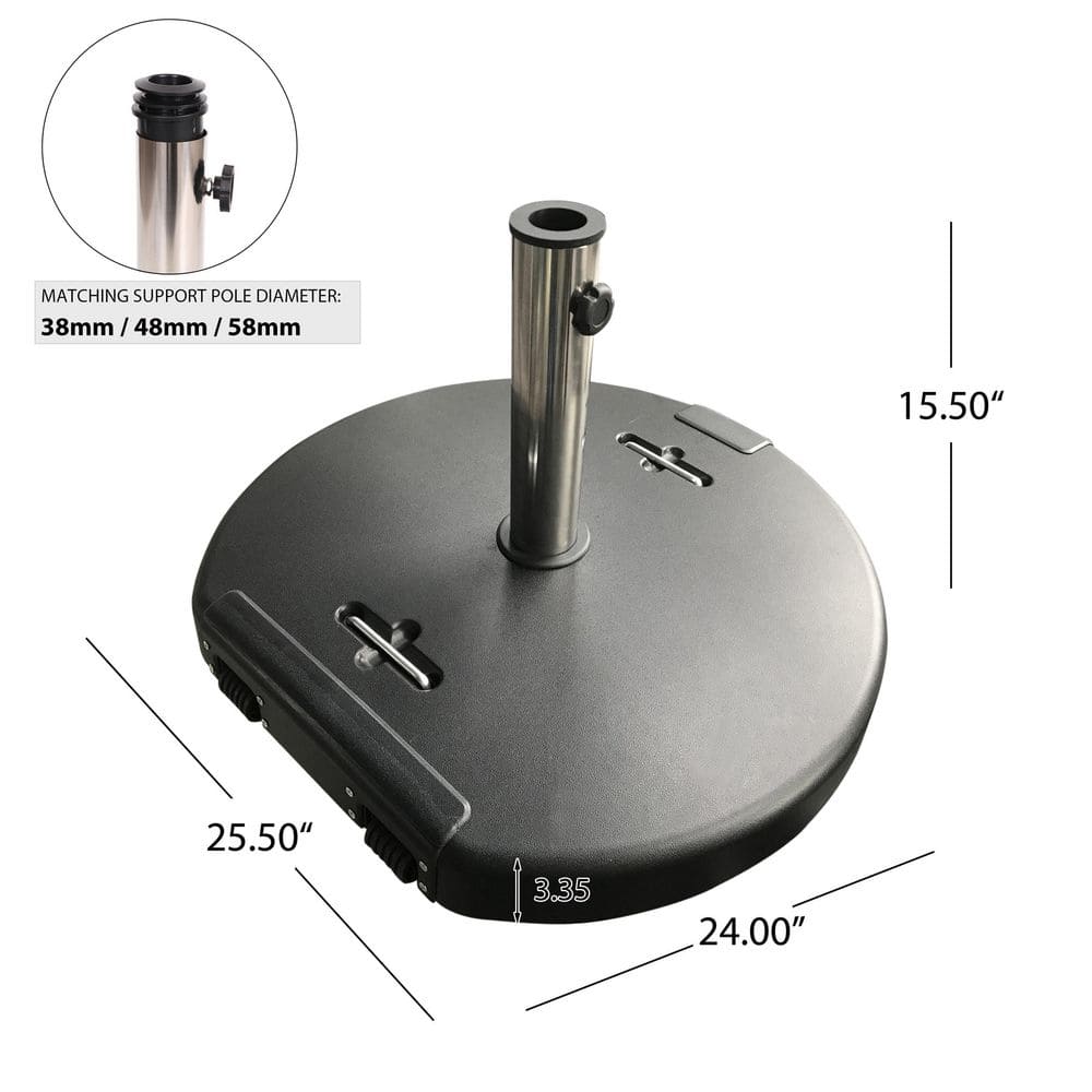 Black 132lb Concrete Umbrella Base with Stainless Steel Collar and Wheels
