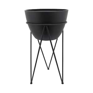 14 in. Black Iron Planter Stand Plant Pot with Wood Stand Feet for Outdoor/Indoor (1-Pack)