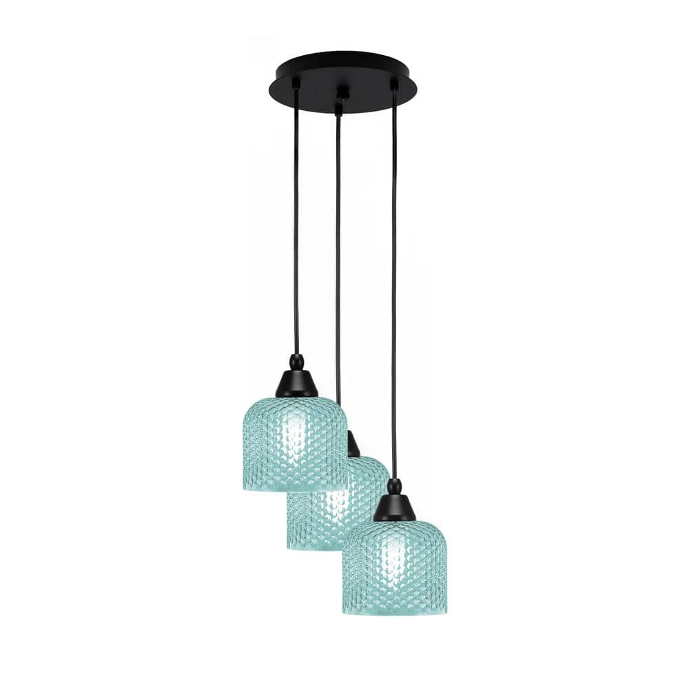 Savannah 9.25 in. 3-Light Matte Black Cord Pendant Light Turquoise Textured