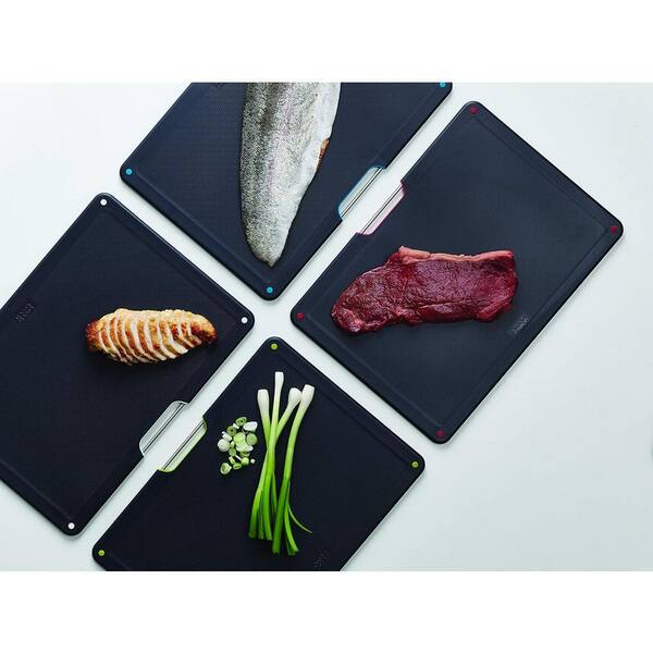 4-Piece Black Plastic Color-Coded Cutting Board Set with Stainless