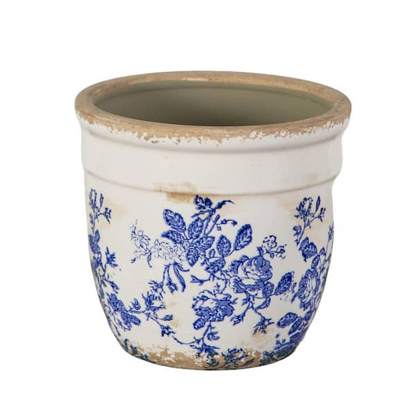 6.5 in. Floral Tuscan Ceramic Blue Scroll Planter