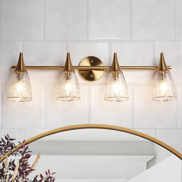 LNC Modern 29 in. 4-Light Plated Brass Vanity Light with Cone Glacial Glass for Bathroom, Powder Room