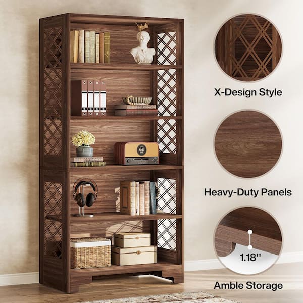 BYBLIGHT Eulas 71 in. Tall Brown Wood 6-Shelf Standard Bookcase