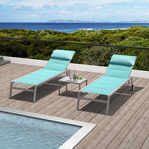 3-Piece Turquoise Blue Outdoor Adjustable Full Aluminum with Side Table