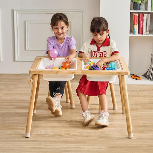 Sensory Table and Chairs Set, Toddlers Activity Table with 2-Stools 2-Storage Bins and Paper Roll Holder Indoor/Outdoor