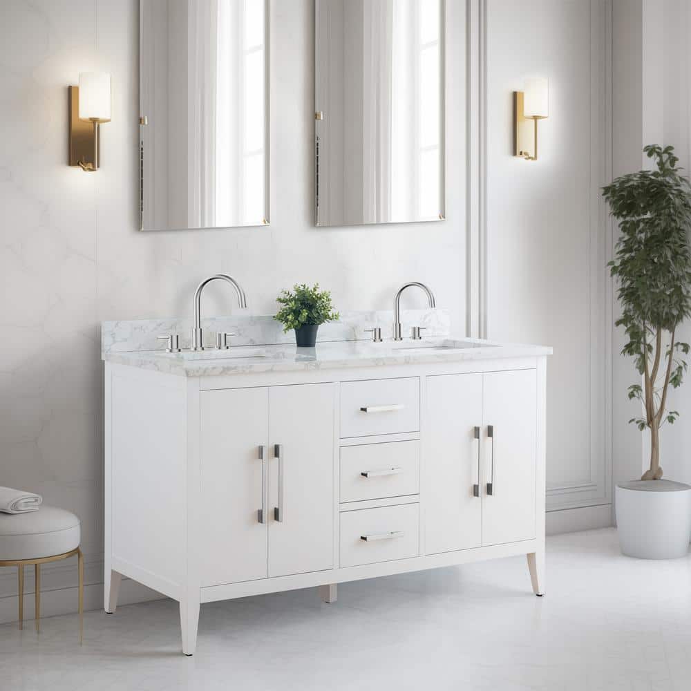 60" White Double Sink Bathroom Vanity with Marble Top