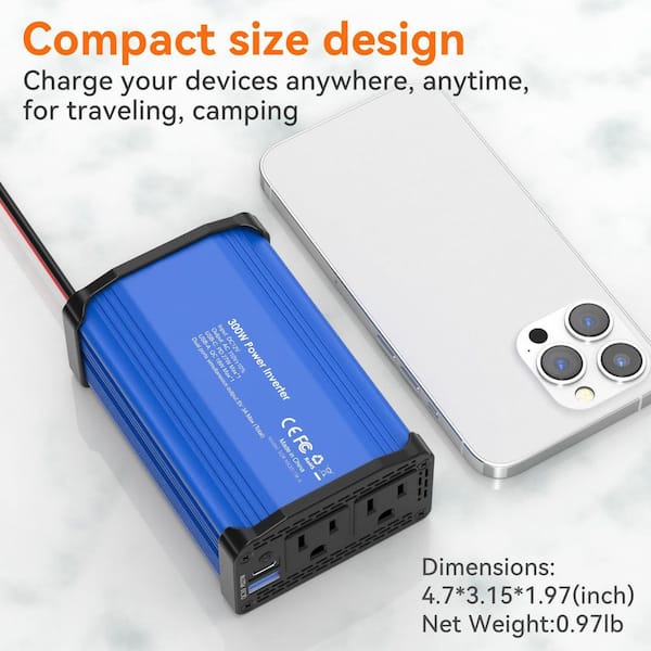 cigarette lighter inverter home depot Lukyamzn 300-Watt Car Power Inverter Series with 12V to 110V AC Outlets,  USB-C and USB-A Ports for Fast Charging, Compact Design SA1127B372