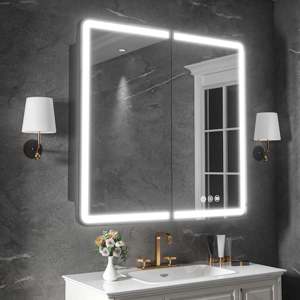 32 in. W x 30 in. H Rectangular Iron Medicine Cabinet with Mirror, Dimmable RGB Flowing Lights, Defogger, Outlet and USB