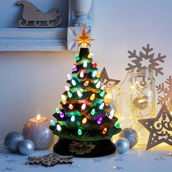 15in Pre-Lit Hand-Painted Ceramic Tabletop Christmas Tree w/ 64 Lights Green
