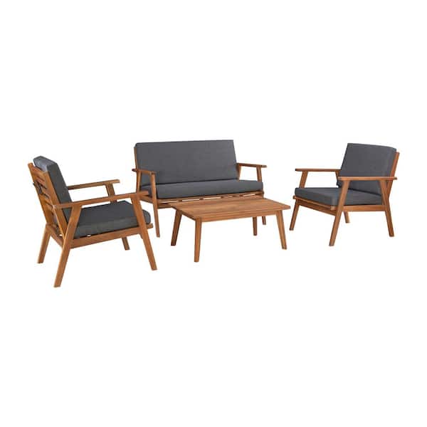Linon Home Decor Collin Brown 4-Piece Wood Outdoor Patio Conversation Set with Gray Cushions