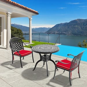 Isabella Black 3-Piece Cast Aluminum Outdoor Dining Set with Round Table and Dining Chairs and Random Color Seat Cushion