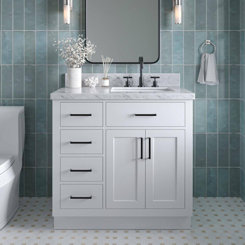 Hepburn 36 in. Single Sink Freestanding Bath Vanity in White with Carrara White Marble Top & Sidesplash price history on PriceWatchPro