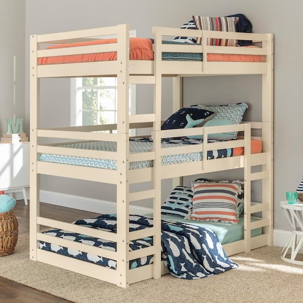 Walker Edison Furniture Company Transitional Solid Wood Triple Low Bunk Bed White Hdw3totwh The Home Depot