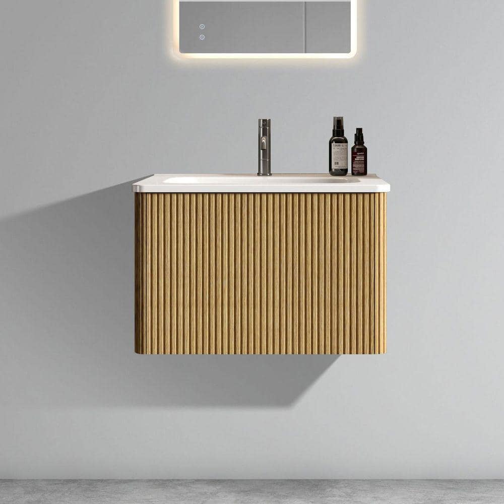 FAMYYT 24 in. W Pre-assembled Single Sink Freestanding Striped Oak