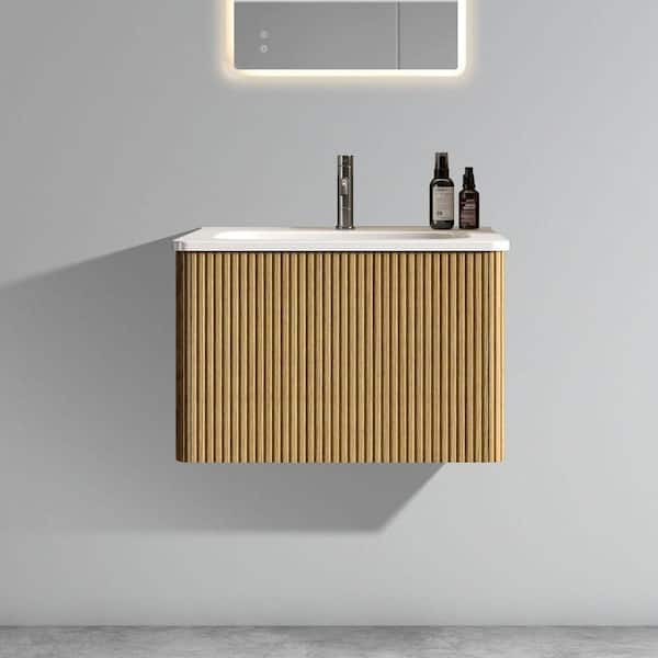 FAMYYT 24 in. W Single Sink Striped Brushed Floating Black Oak