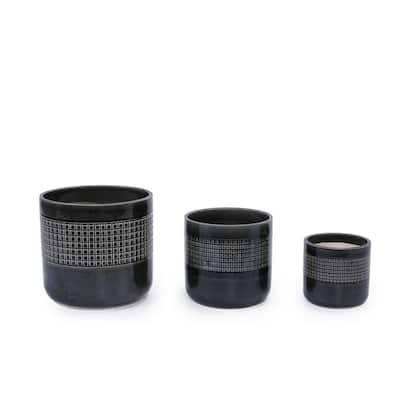 Handmade Black Glazed Ceramic Planter (Set of 3), 9 in. 7 in. 6 in. Dia Grid Pattern, Porous Clay with Drainage Holes