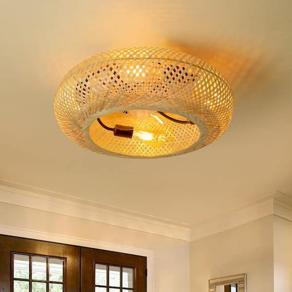 TOZING 20 in. 4-Light Indoor Farmhouse Wood Low Profile Caged Bamboo Mesh Flush Mount Ceiling Fan with Light and Remote