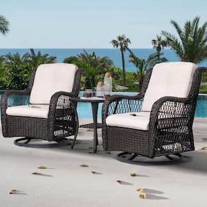 3-Piece Brown Wicker Outdoor Swivel Rocking Chair Set with Cream Cushions Patio Conversation Set (2-Chair)