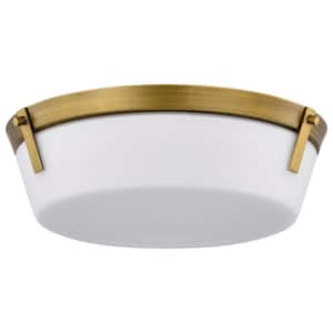 Rowen 14.63 in. 3-Light Natural Brass Traditional Flush Mount with Etched White Glass Shade and No Bulbs Included
