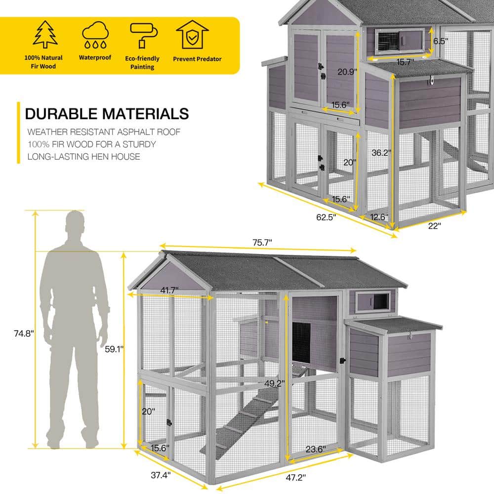 Large Wooden Chicken Coop with Galvanized Wire for 6-8 Chickens