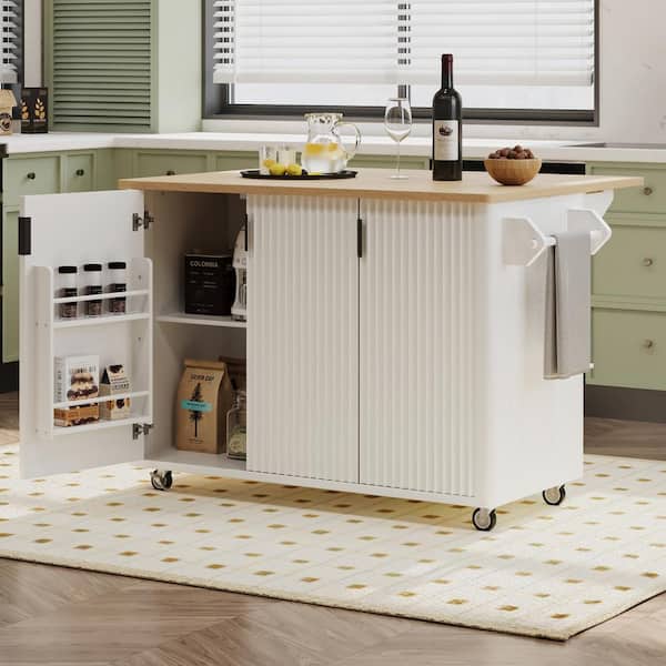 White Wood Tabletop 51 in. Farmhouse Kitchen Island on 4 Wheels with Drop Leaf, Internal Storage Rack and Towel Rack