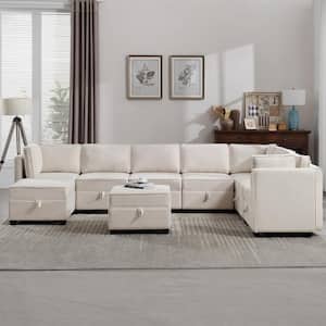 108.5 in. 9-Piece Oversized Modular Sofa Beige Linen Living Room Set Sectional Couch with Storage Ottoman