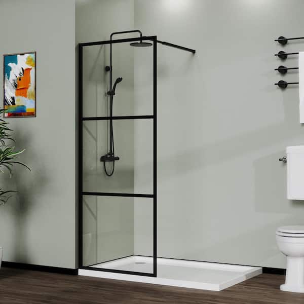Unbranded 34 in. W x 72 in. H Single Fixed Framed Shower Door in Black Finish with Tempered Glass