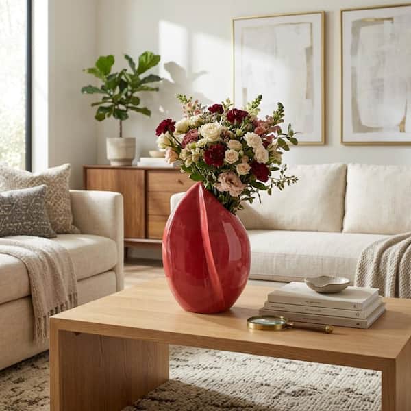 Liv & Skye 16.75 in. Red Ceramic Round Decorative Vase