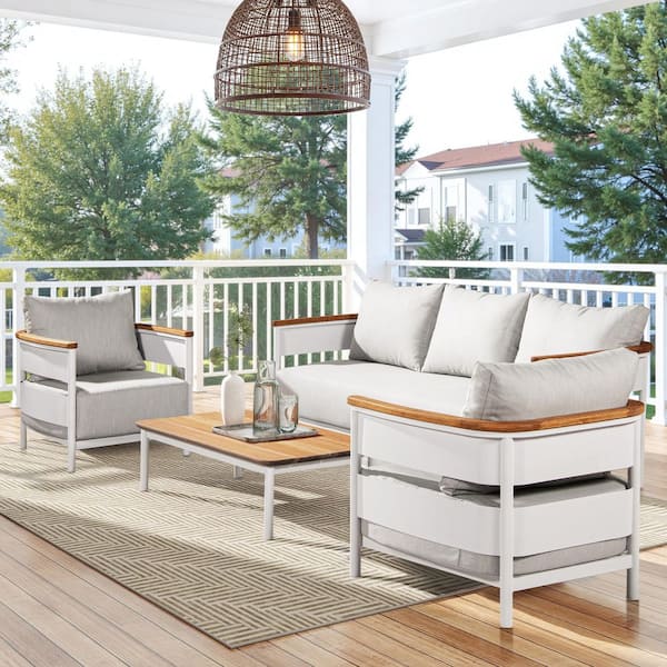 Jennifer Taylor Rhodes 4-Piece Upholstered Teak and Aluminum Outdoor Patio Conversation Set in Birch Gray Chenille