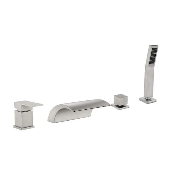 Single-Handle Waterfall Deck-Mount Roman Tub Faucet with Handheld Shower 4 Hole Brass Bathtub Faucets in. Brushed Nickel