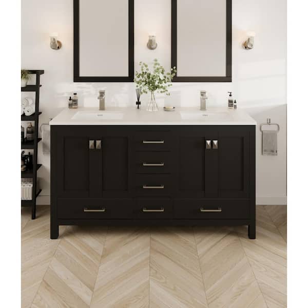 London 60 in. Double Sink Espresso Bath Vanity with White Carrara Quartz Top (Assembled)