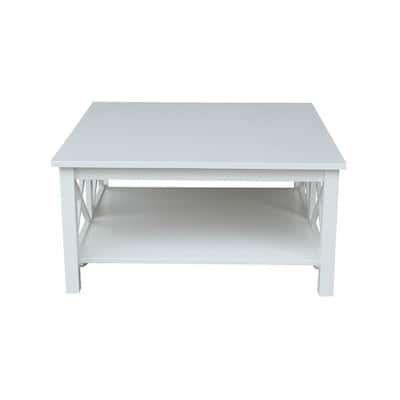 Hampton 36 in. Bright White Medium Square Wood Coffee Table with Shelf