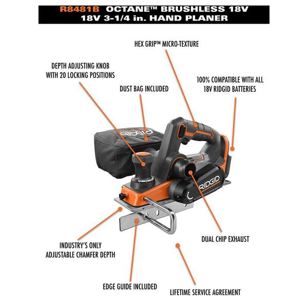 Ridgid 18 Volt Octane Cordless Brushless 3 1 4 In Hand Planer Tool Only R8481b The Home Depot