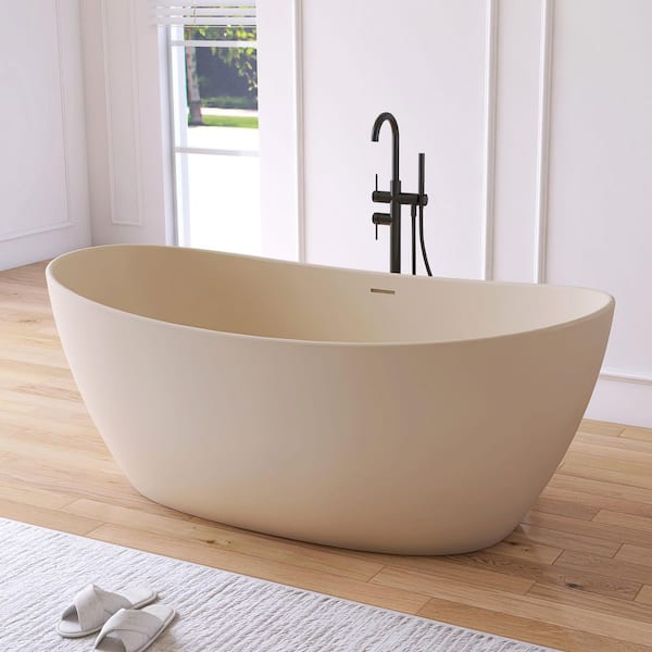 65 in. x 33.5 in. Stone Resin Solid Surface Flatbottom Freestanding Soaking Bathtub in Cream