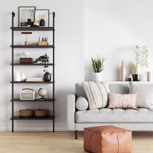 Theo Nutmeg Brown Wood 6-Shelf Tall Ladder Bookcase Wall Mount Bookshelf Matte Black Metal Frame