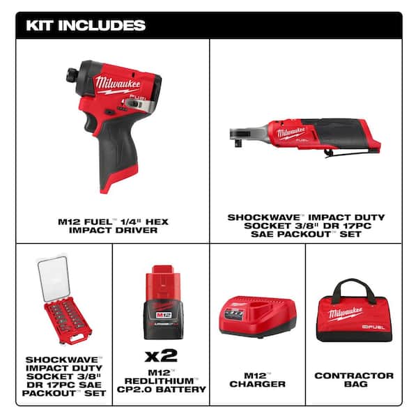 M12 FUEL 12V Li-Ion Cordless 3/8 in. Ratchet & 1/4 in. Impact Driver Combo Kit (2-Tool) w/Batteries, Charger, Socket Set