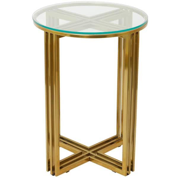 Litton Lane 18 in. Gold Large Round Glass End Accent Table with Clear